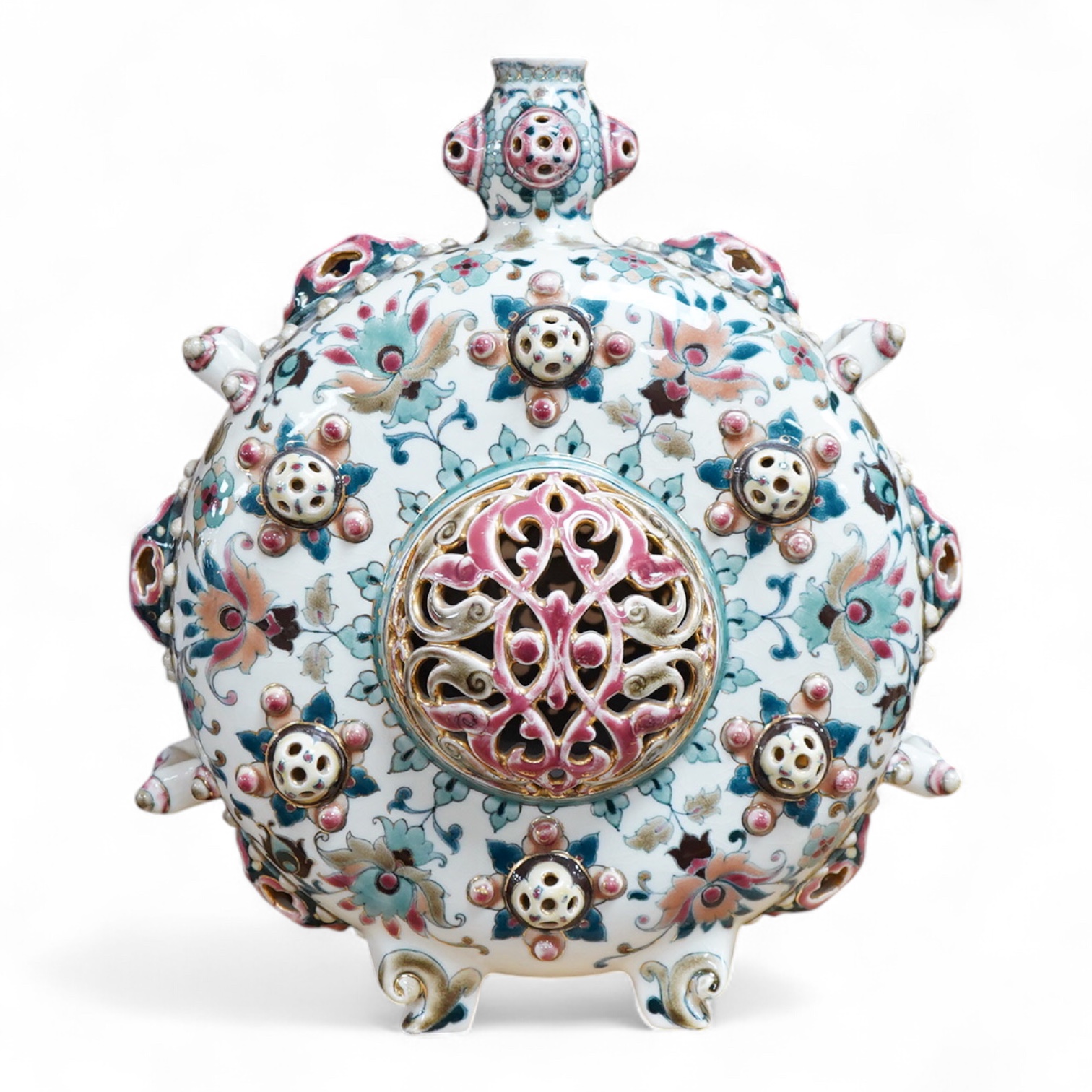 A Zsolnay Pecs Hungarian Persian inspired double walled moon flask, 31cm high